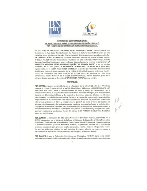Portada: Acuerdo de Cooperacion Entre la Biblioteca Nacional Pedro Henriquez Urena Bnphu y la Federacion Dominicana de Municipios FEDOMU