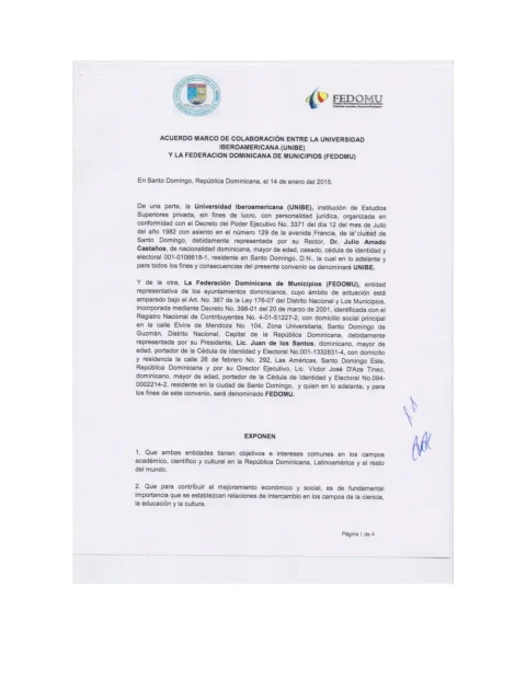 Portada: Acuerdo Marco de colaboracion entre la universidad iberoamericana UNIBE y la Federacion Dominicana de municipios FEDOMU