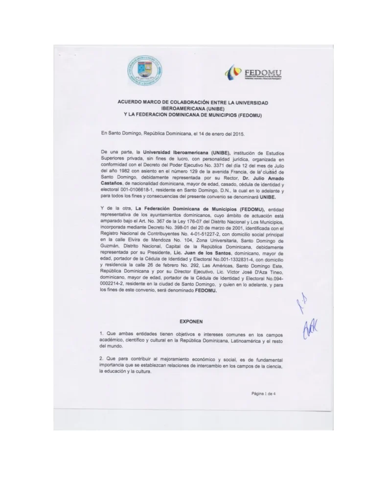 Portada: Acuerdo Marco de colaboracion entre la universidad iberoamericana UNIBE y la Federacion Dominicana de municipios FEDOMU