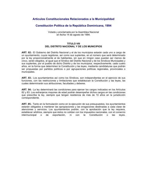 Portada: Articulos Constitucionales Relacionados a la Municipalidad (1994)