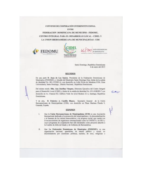 Portada: Convenio de Cooperacion Interinstitucional Entre FEDOMU Cidel UIM