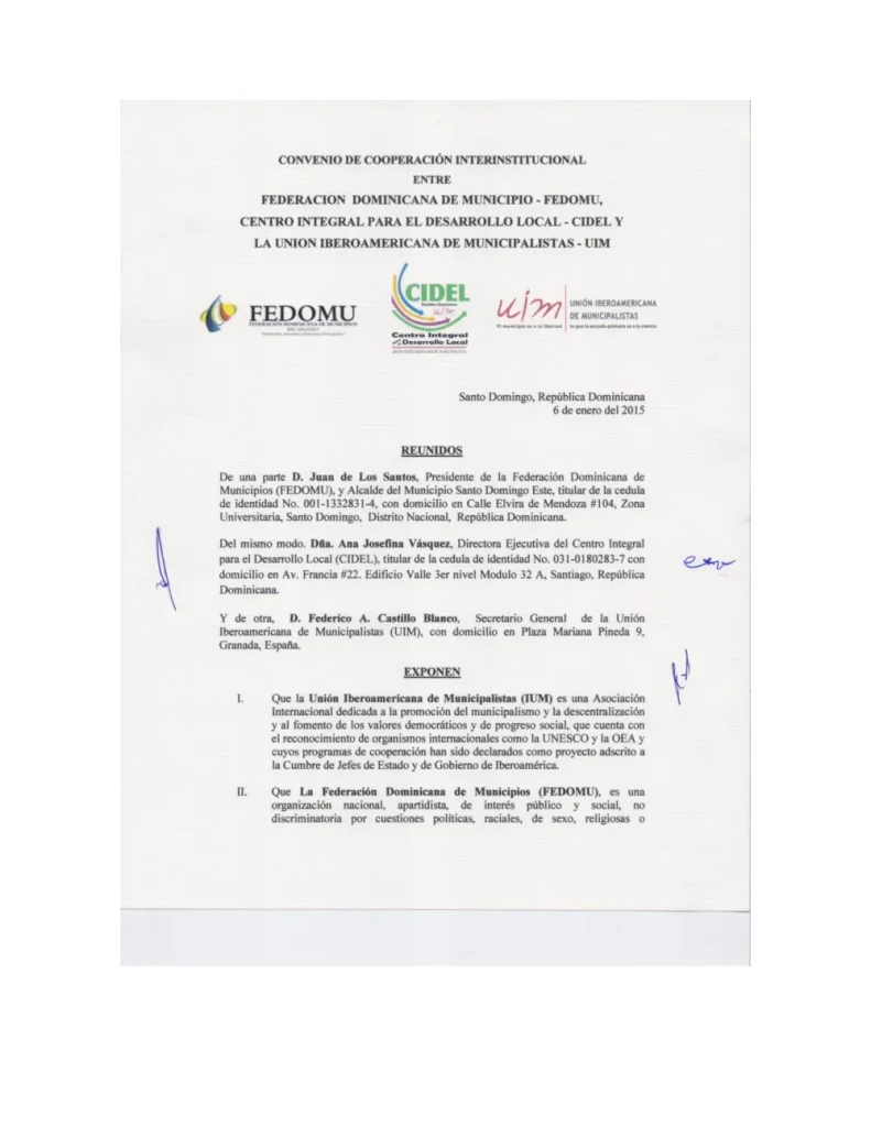 Portada: Convenio de Cooperacion Interinstitucional Entre FEDOMU Cidel UIM