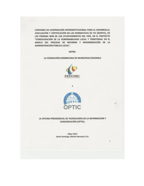 Portada: Convenio de cooperacion interinstitucional entre fedomu Optic (2015)