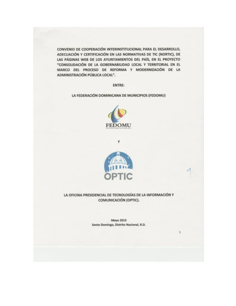 Portada: Convenio de cooperacion interinstitucional entre fedomu Optic (2015)