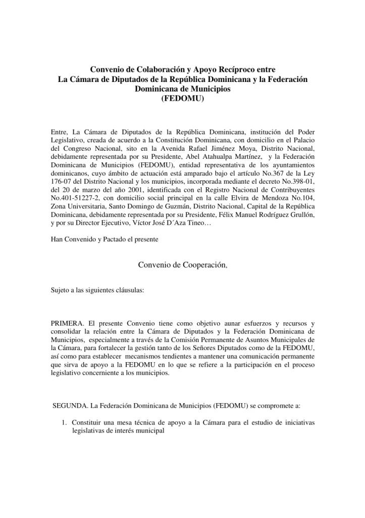 Portada: Convenio FEDOMU y la Camara de Diputados de la R. D