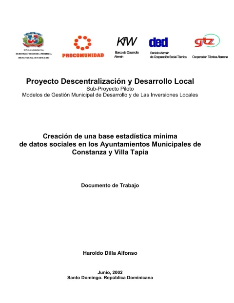 Portada: Creacion de una base estadistica minima de datos sociales en los Ayuntamientos Municipales de Constanza y Villa Tapia (2002)