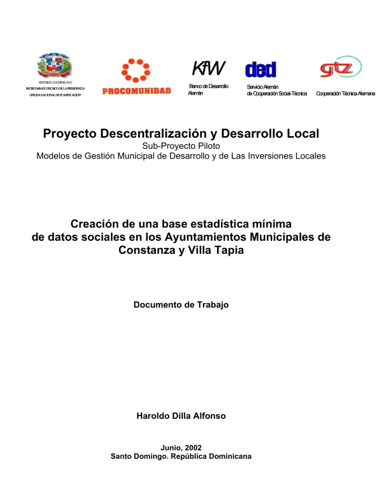 Portada: Creacion de una base estadistica minima de datos sociales en los Ayuntamientos Municipales de Constanza y Villa Tapia (2002)