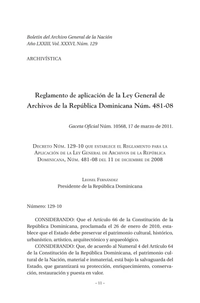 Portada: Decreto 129-10, que aprueba el reglamento de la Ley General de Archivos