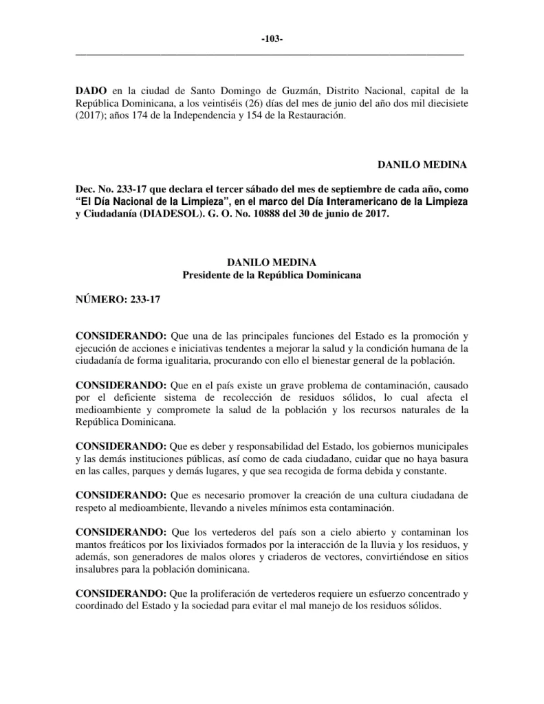 Portada: Decreto Dominicana Limpia 233-17