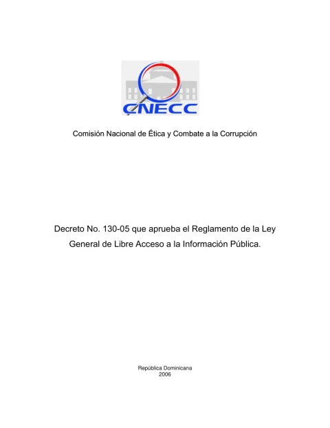 Portada: Decreto No. 130-05, que aprueba el reglamento de aplicación de la Ley 200-04 (2005)