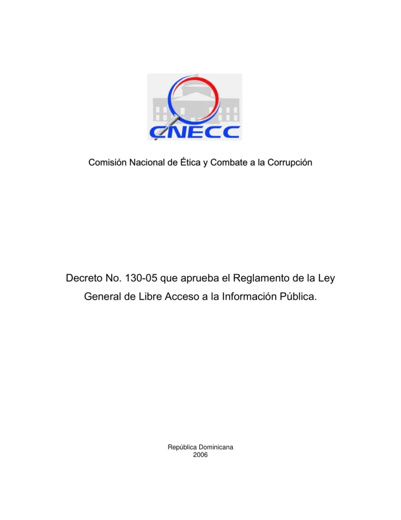 Portada: Decreto No. 130-05, que aprueba el reglamento de aplicación de la Ley 200-04 (2005)