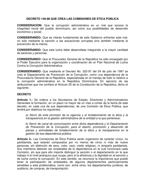Portada: Decreto No. 149-98, que crea las comisiones de ética pública (1998)