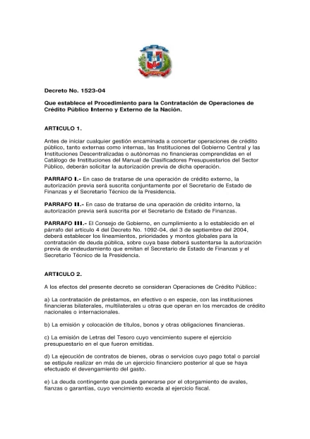 Portada: Decreto No. 1523-04, que establece el procedimiento para la contratación de operaciones de crédito público interno y externo de la nación (2004)