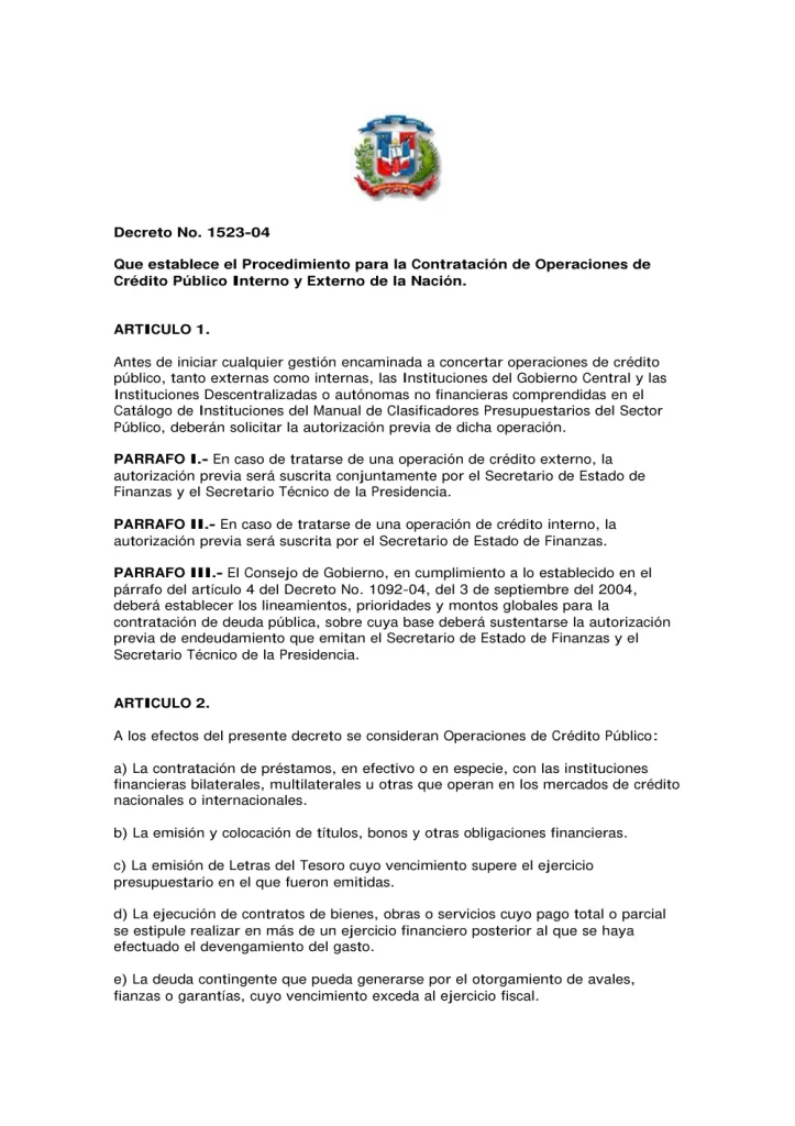 Portada: Decreto No. 1523-04, que establece el procedimiento para la contratación de operaciones de crédito público interno y externo de la nación (2004)
