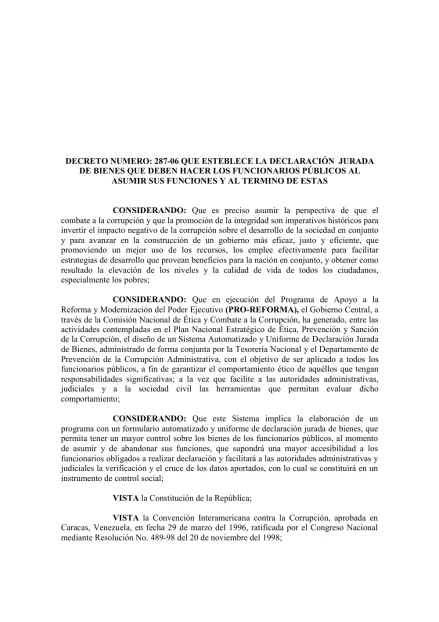 Portada: Decreto No. 287-06, sobre declaración jurada de bienes (2006)