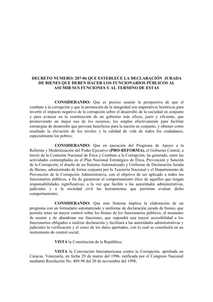 Portada: Decreto No. 287-06, sobre declaración jurada de bienes (2006)