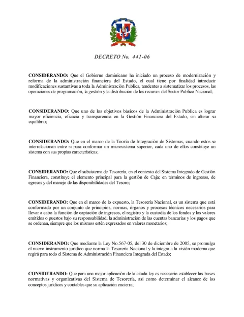 Portada: Decreto No. 441-06, sobre el sistema de tesorería de la República Dominicana (2006)