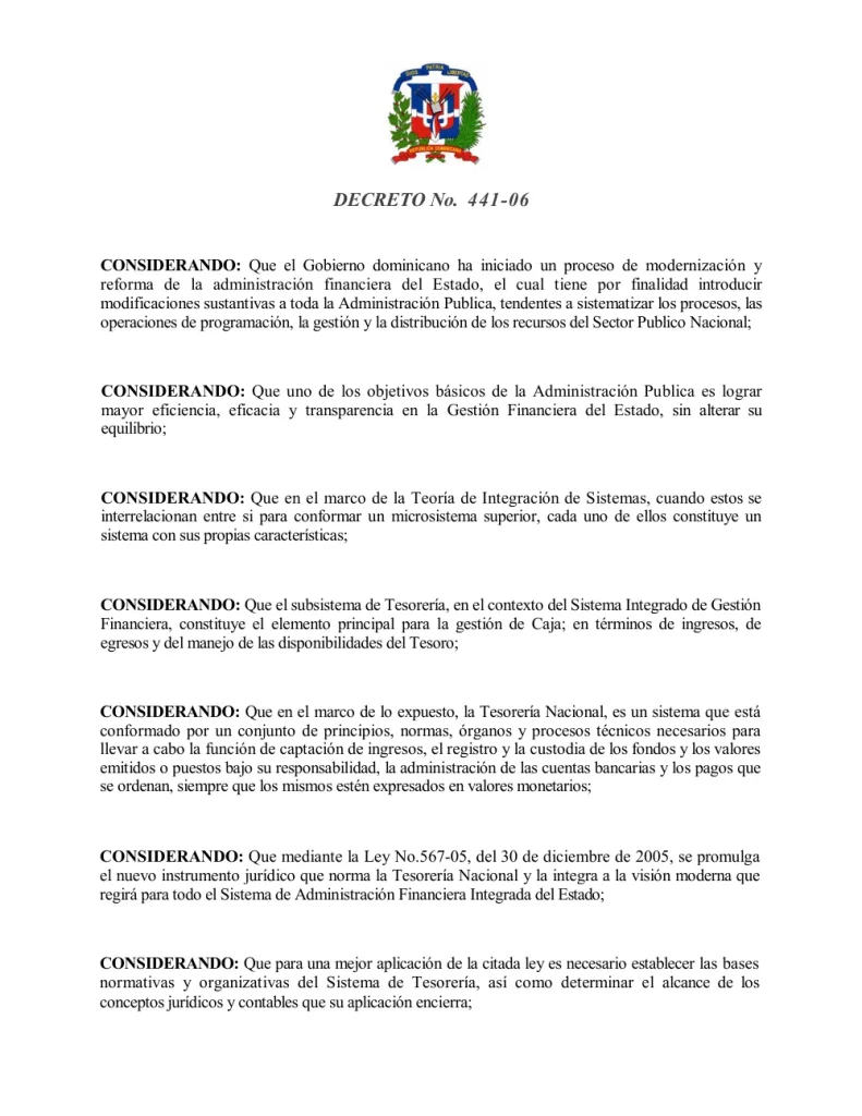 Portada: Decreto No. 441-06, sobre el sistema de tesorería de la República Dominicana (2006)