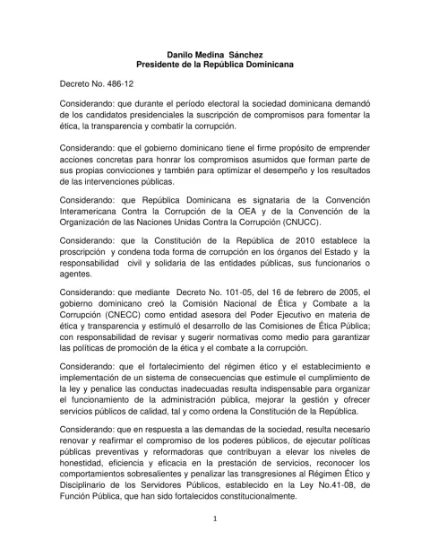 Portada: Decreto No. 486-12, que crea la Dirección General de Ética e Integridad Gubernamental (2012)