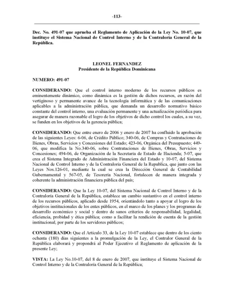 Portada: Decreto No. 491-07, que establece el reglamento de aplicación del sistema nacional de control interno (2007)