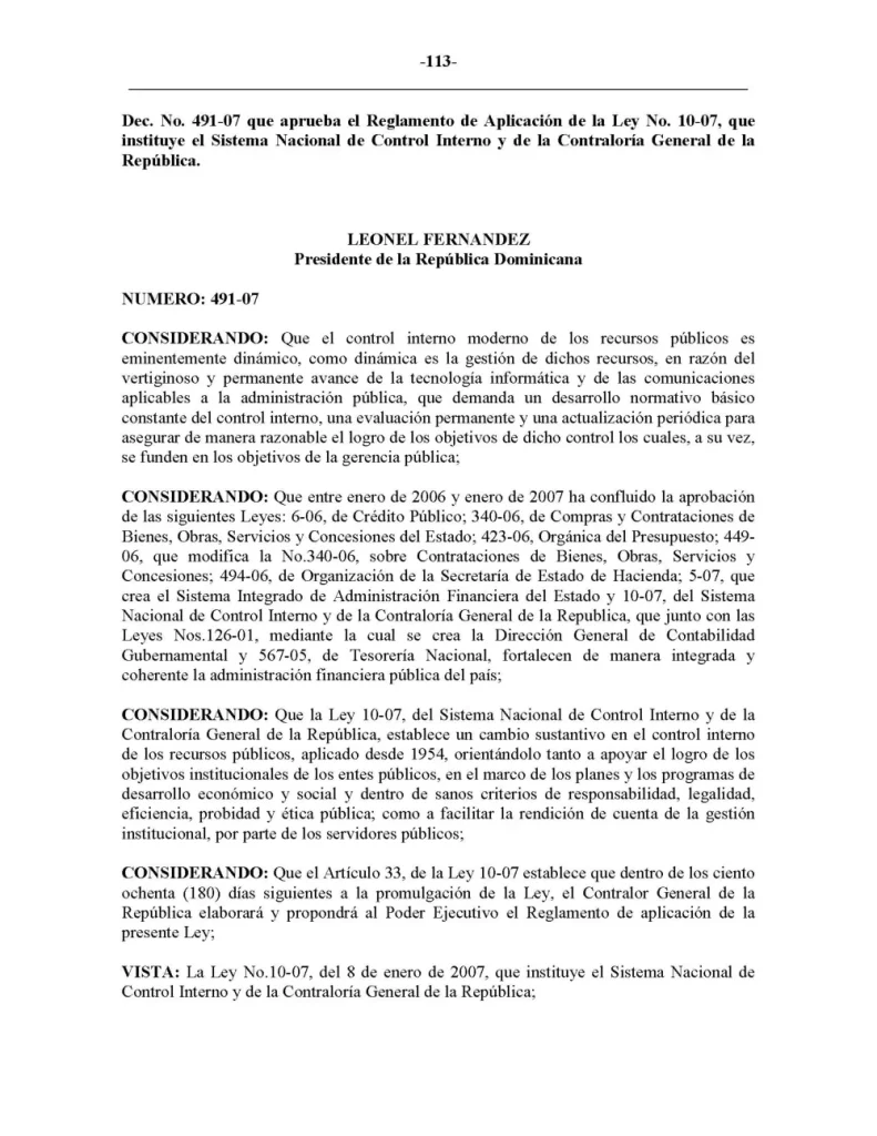 Portada: Decreto No. 491-07, que establece el reglamento de aplicación del sistema nacional de control interno (2007)