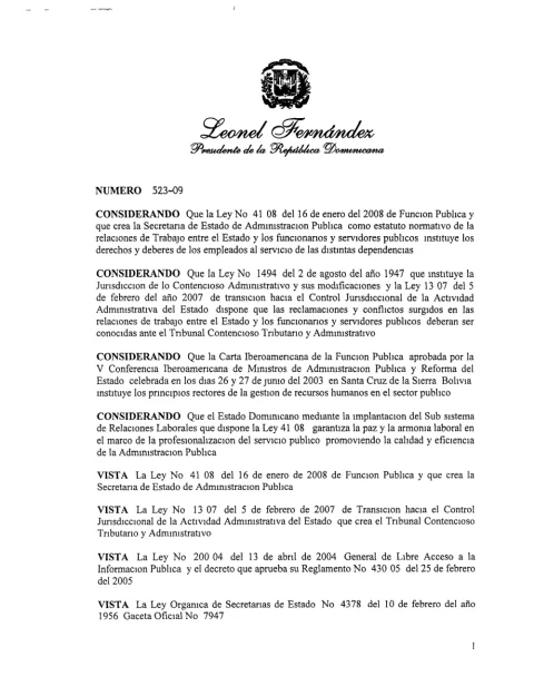Portada: Decreto No. 523-09, reglamento de relaciones laborales en la administración pública (2009)