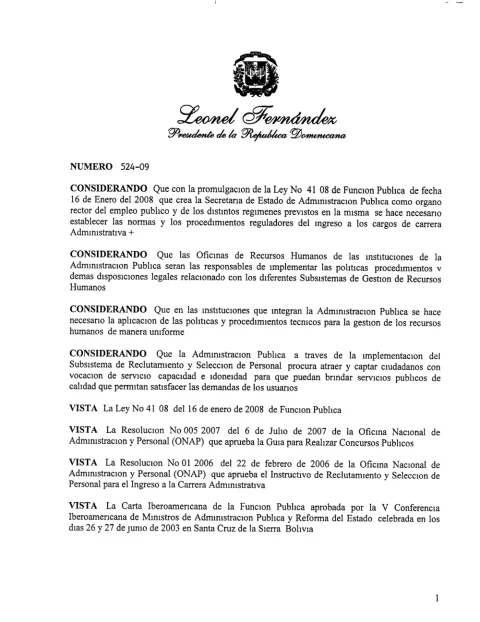 Portada: Decreto No. 524-09, reglamento de reclutamiento y selección de personal en la administración pública (2009)