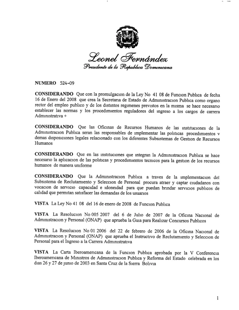 Portada: Decreto No. 524-09, reglamento de reclutamiento y selección de personal en la administración pública (2009)
