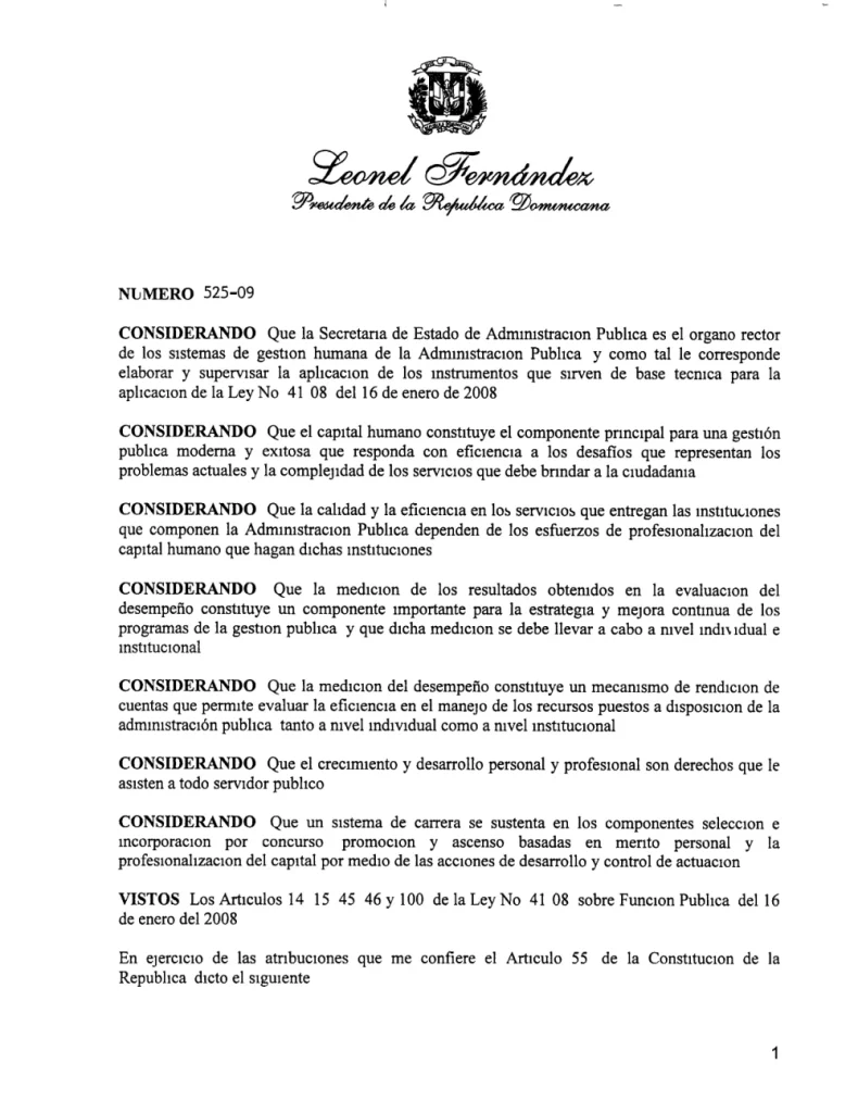 Portada: Decreto No. 525-09, reglamento de evaluación del desempeño y promoción de los servidores y funcionarios públicos (2009)