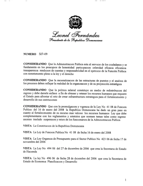 Portada: Decreto No. 527-09, reglamento sobre estructura orgánica, cargos y política salarial (2009)