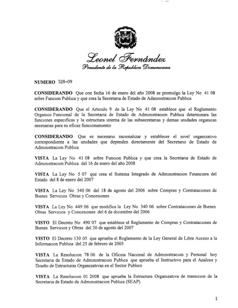 Portada: Decreto No. 528-09, reglamento orgánico funcional del Ministerio de Administración Pública (2009)