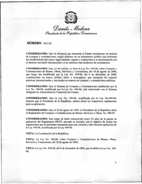 Portada: Decreto No. 543-12, que sustituye el 490-07 (reglamento de compras y contrataciones de bienes, servicios y obras) (2012)