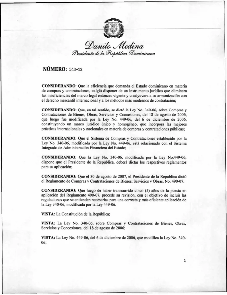 Portada: Decreto No. 543-12, que sustituye el 490-07 (reglamento de compras y contrataciones de bienes, servicios y obras) (2012)
