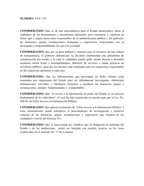 Portada: Decreto No. 694-09, que crea el sistema 311 de denuncias, quejas, reclamaciones y sugerencias (2009)