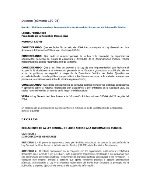 Portada: Decreto130-05 (2004)