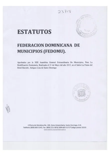 Portada: Estatutos de la Federación Dominicana de Municipios (2015)