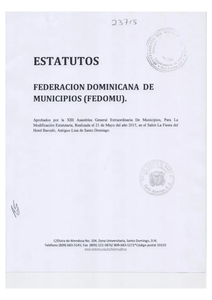 Portada: Estatutos de la Federación Dominicana de Municipios (2015)