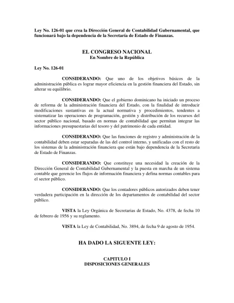 Portada: Ley 126-01, que crea la Dirección General de Contabilidad Gubernamental