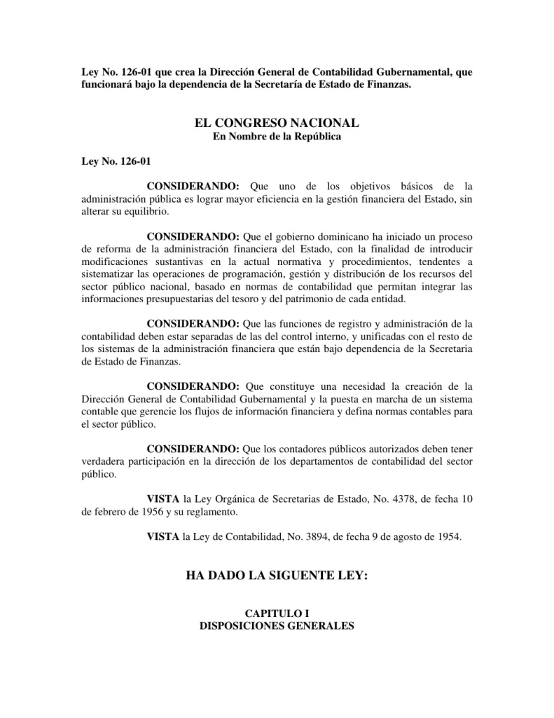 Portada: Ley 126-01, que crea la Dirección General de Contabilidad Gubernamental