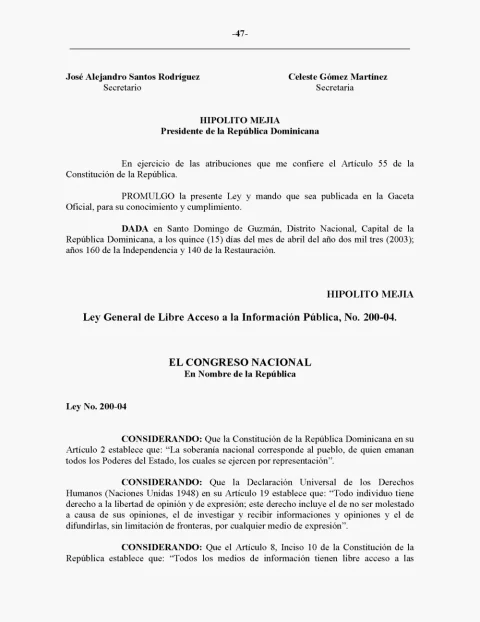 Portada: Ley 200-04, sobre libre acceso a la información pública y reglamentación complementaria (2003)