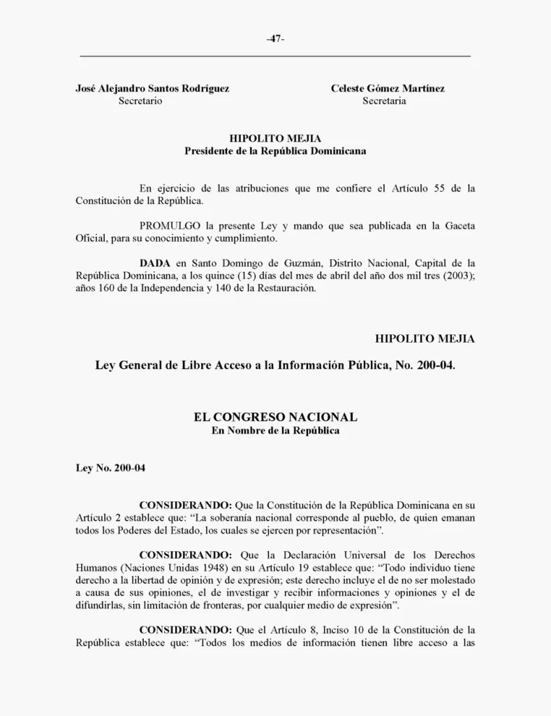 Portada: Ley 200-04, sobre libre acceso a la información pública y reglamentación complementaria (2003)