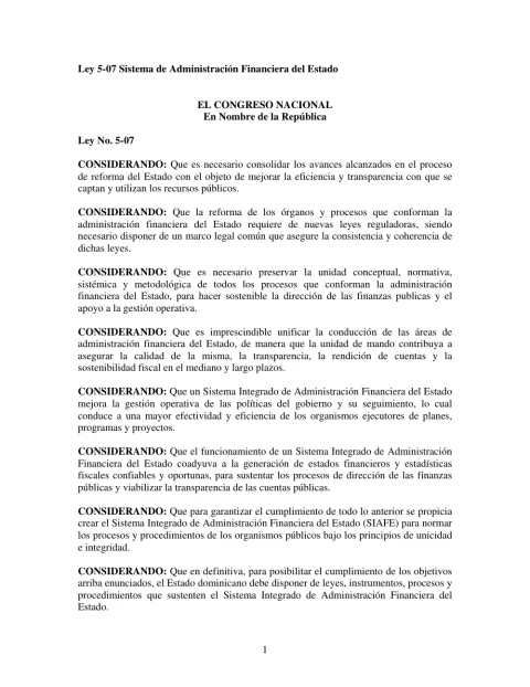 Portada: Ley 5-07 Sistema de Administracion Financiera del Estado