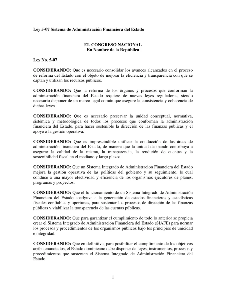 Portada: Ley 5-07 Sistema de Administracion Financiera del Estado