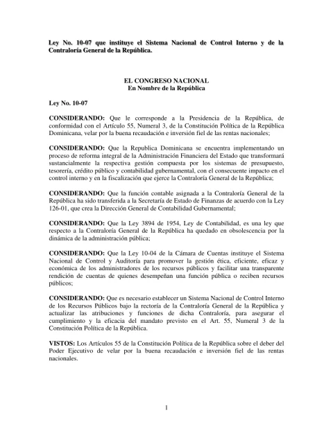 Portada: Ley No. 10-07 Que instituye el Sistema Nacional de Control Interno y de la Contraloria General de la Republica (2007)