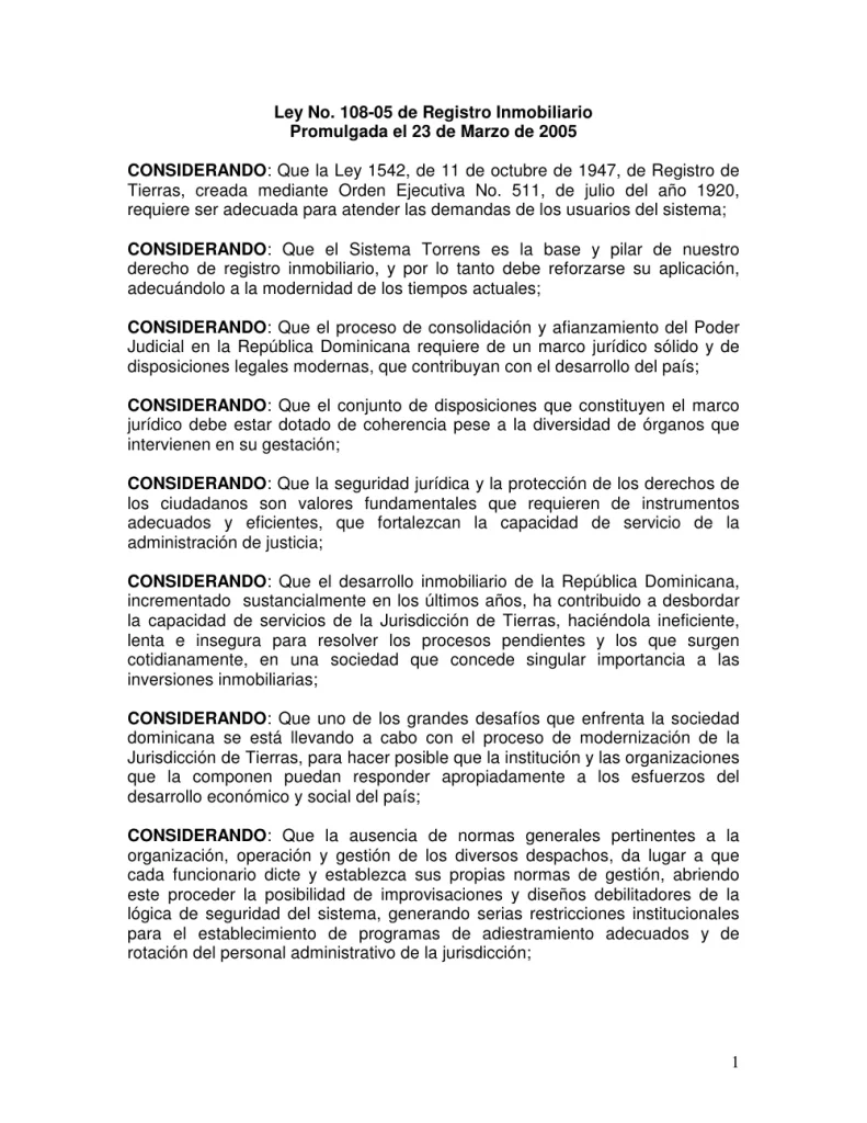 Portada: Ley No. 108-05 de Registro Inmobiliario (2005)