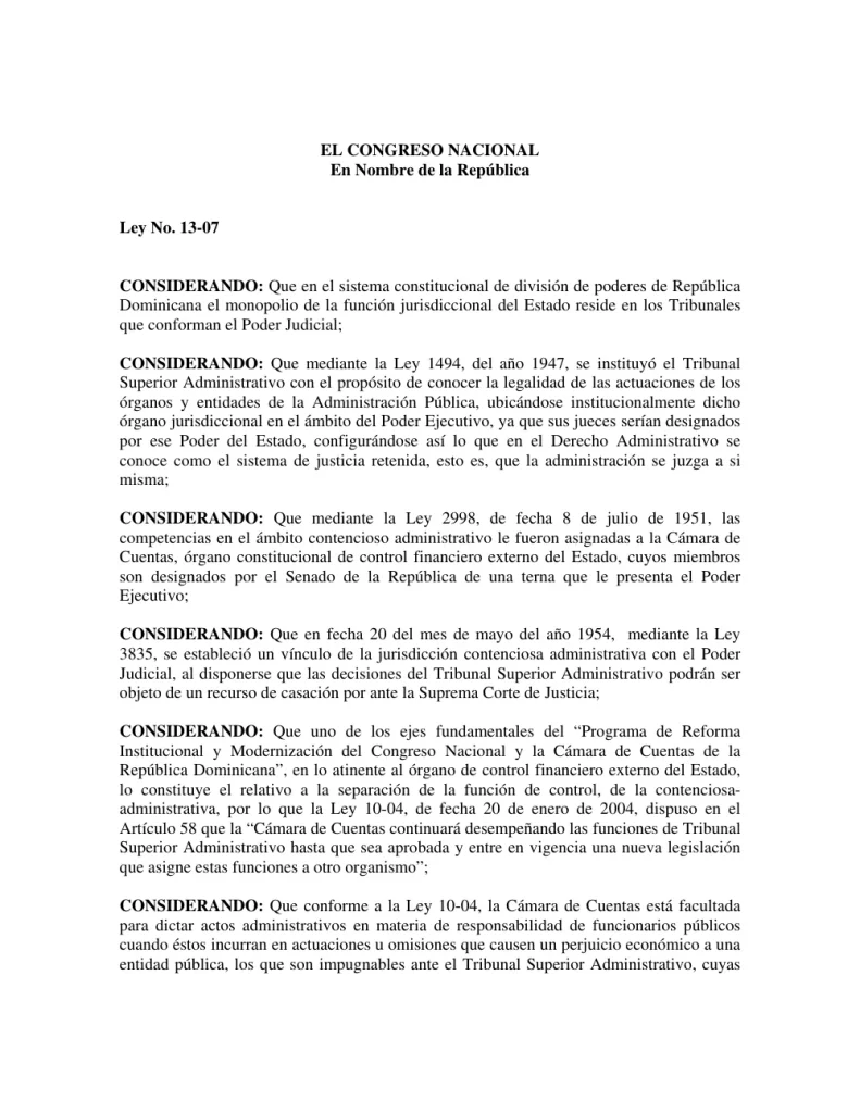Portada: Ley No. 13-07, sobre el Tribunal Superior Administrativo (2007)