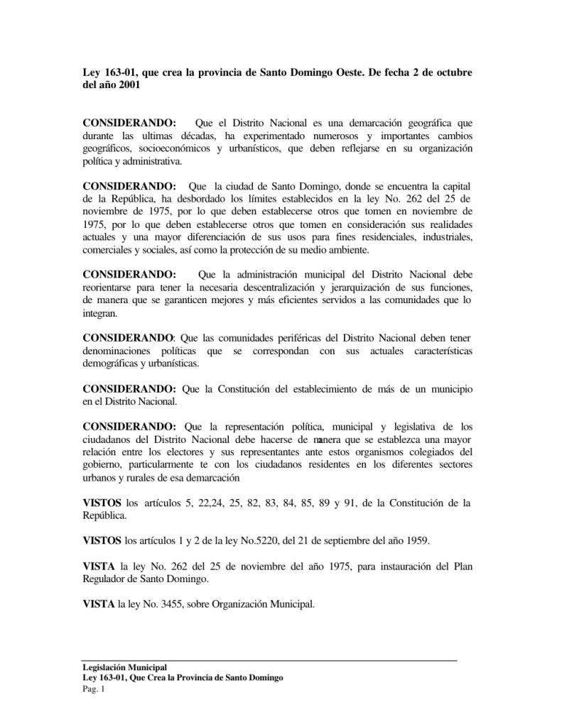 Portada: Ley No. 163-01 Que crea la provincia de Santo Domingo Oeste (2001)