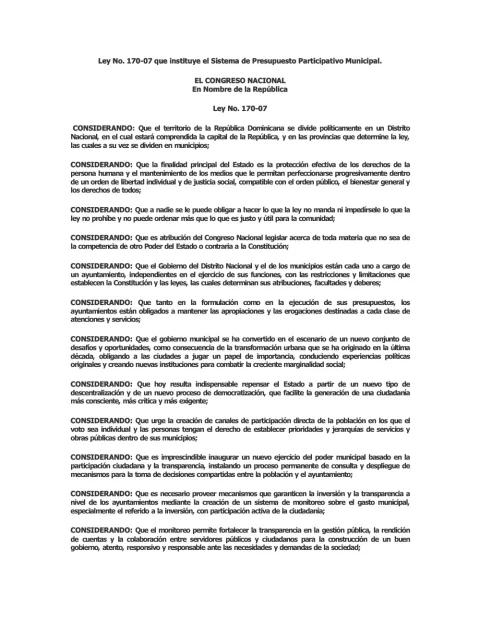 Portada: Ley No. 170-07, Sistema de Presupuesto Participativo Municipal (2007)