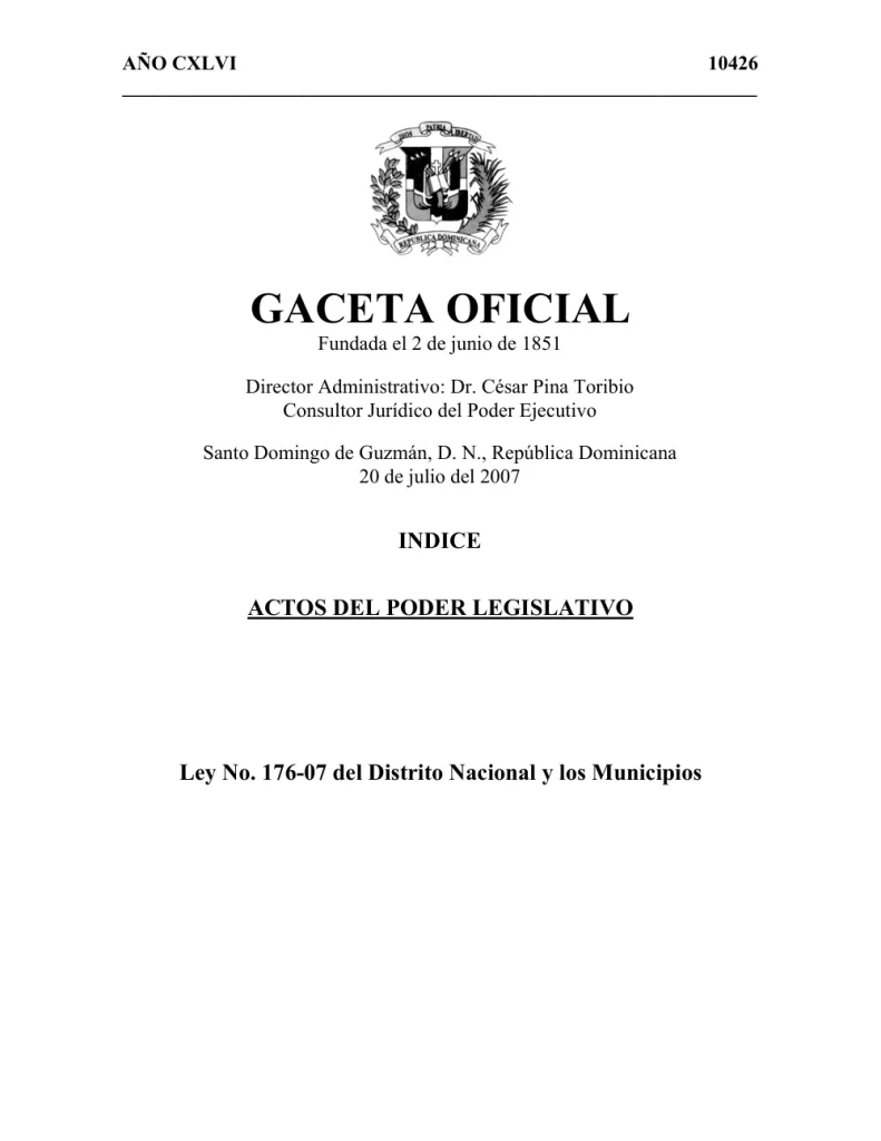 Portada: Ley No. 176-07, del Distrito Nacional y los Municipios (2007)