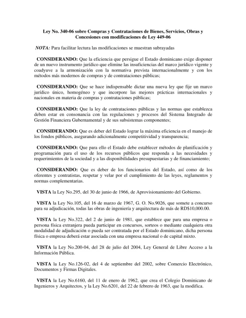 Portada: Ley No. 340-06 y 449-06, sobre compras y contrataciones de bienes, servicios, obras y concesiones y reglamentación complementaria (2006)